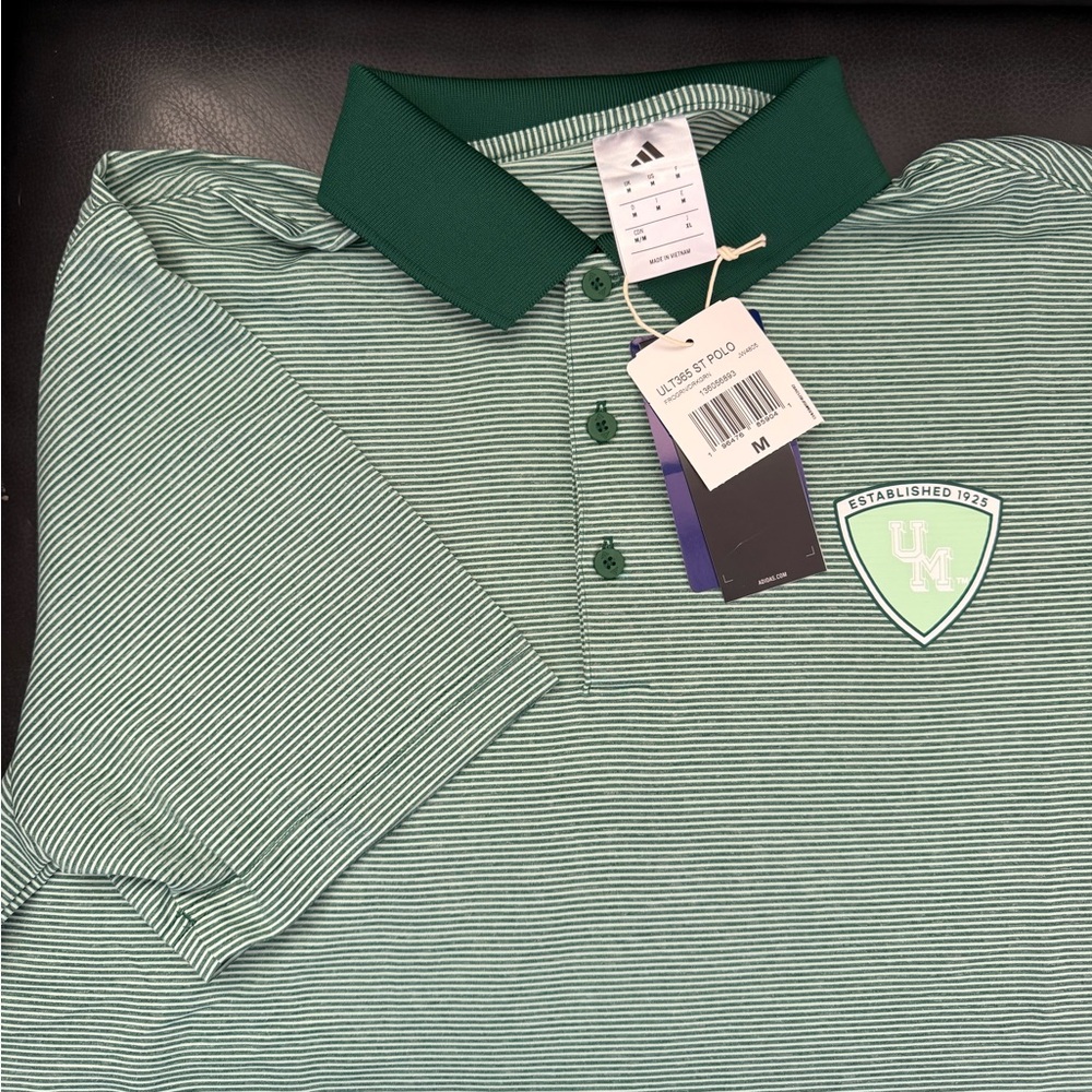 University of Miami 100 Year Crest - Adidas Green Striped Polo